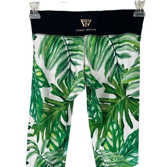 Power Woman Leggings Size M Running Fitted Compression Green Leaf Ankle Fitness - Picture 4 of 10